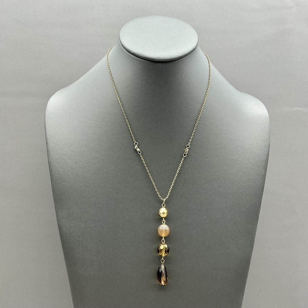 White House Black Market Necklace Gold Tone Y Drop Teardrop Pendant Brown Beads‎
